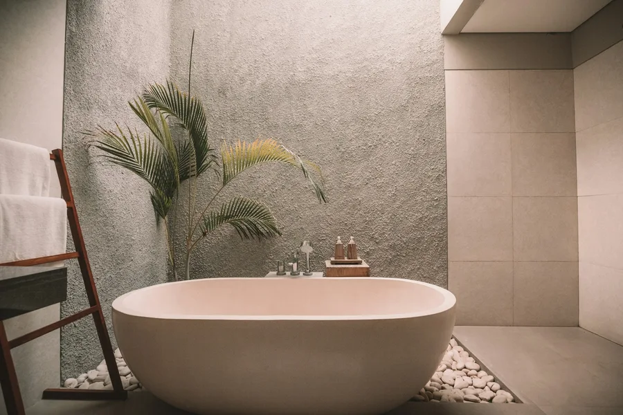 Warm-toned bathroom with contrasting fittings